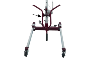 Front view of patient lift with arrow pointing to u-shaped spreader which has a central handle and two sling attaching points that branch out on top