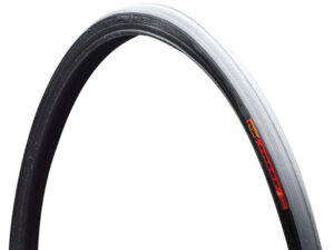 Side view of racer tire with black sidewall and herringbone tread
