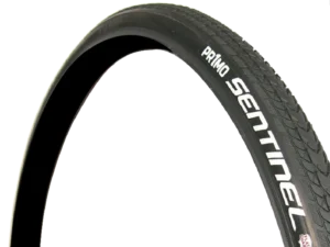 Side view of sentinel tire showing thick sidewall and grooved tread