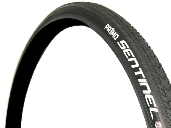 Side view of sentinel tire showing thick sidewall and grooved tread