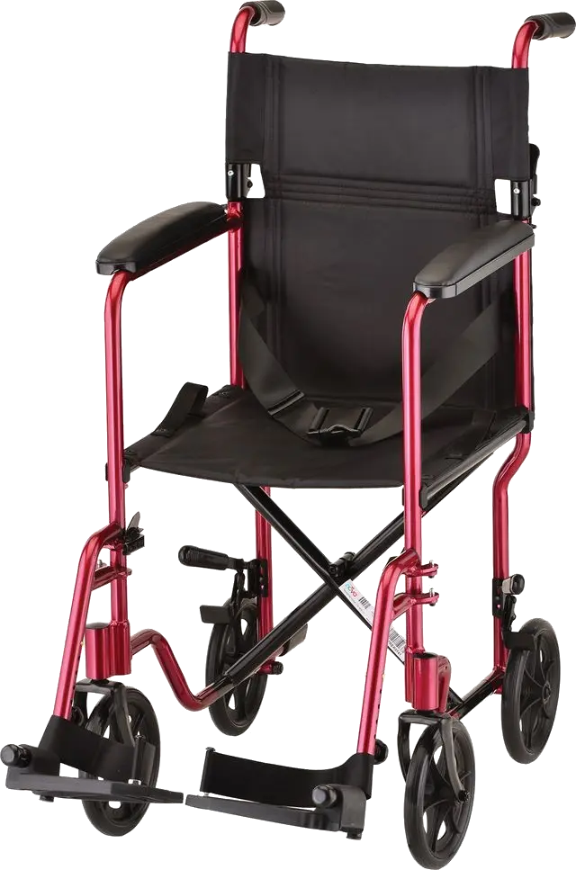 Angled view of transport chair with footrests