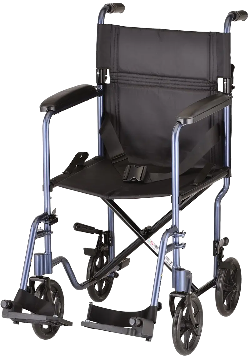 Angled view of transport chair with footrests