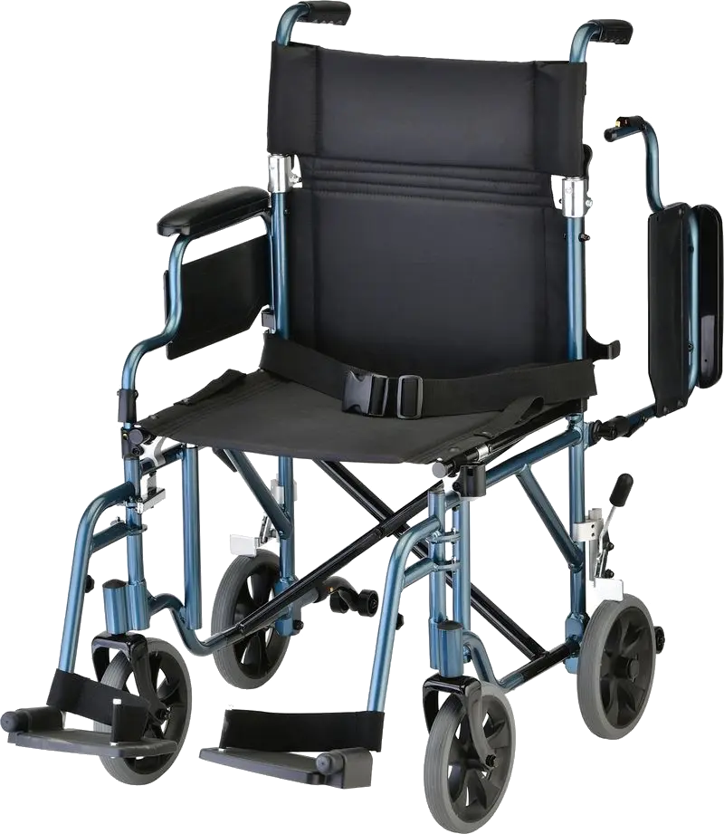 Front view of transport chair with one arm flipped back