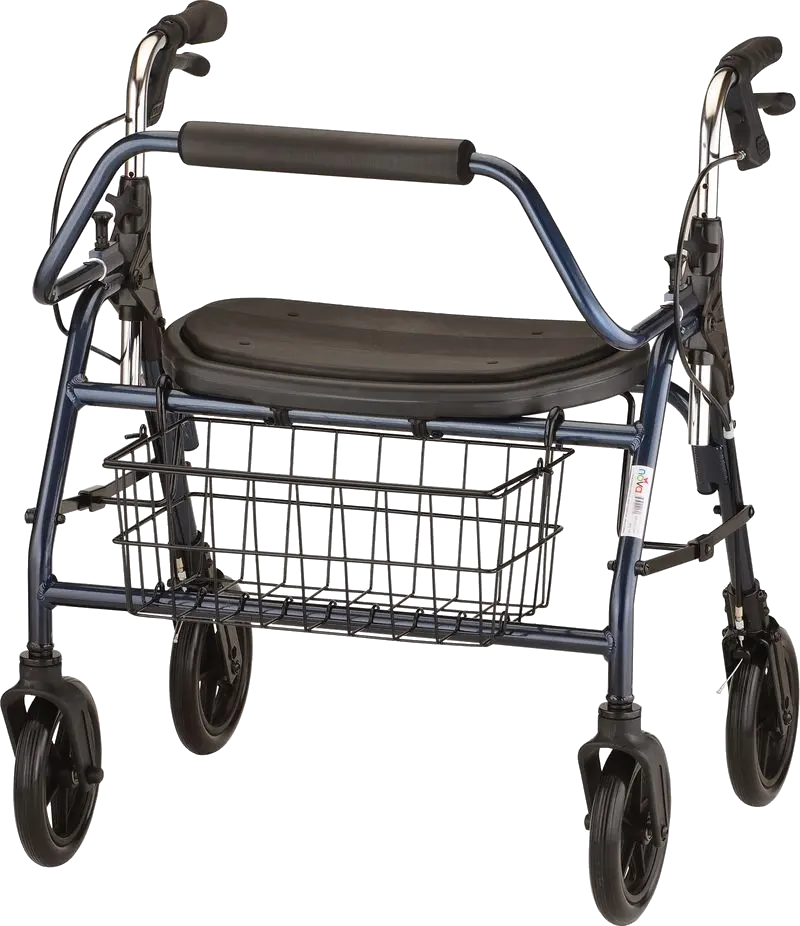 Front view of heavy duty rollator with basket