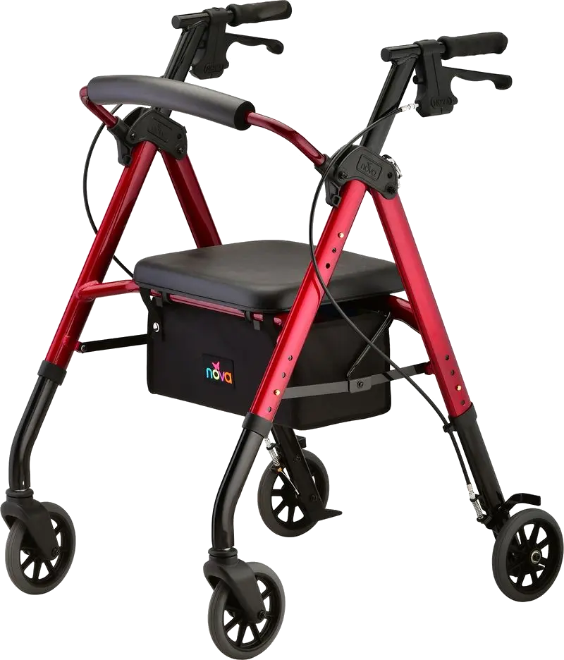 Side view of rolling walker with handbrakes and tote bag