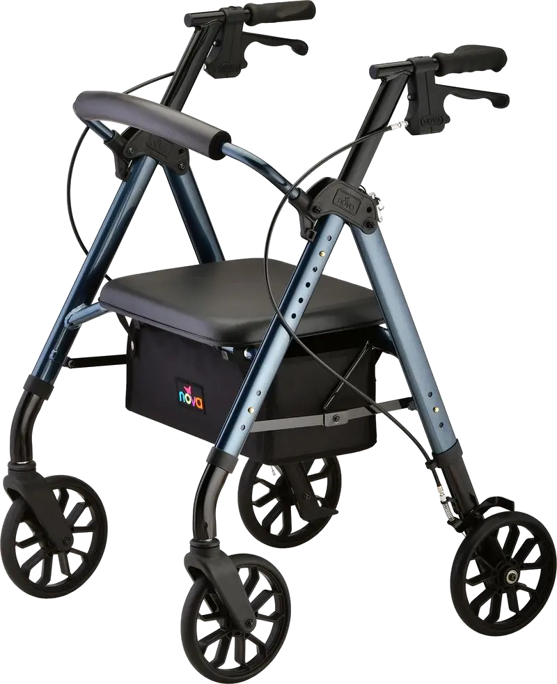 Side view of rollator with seat