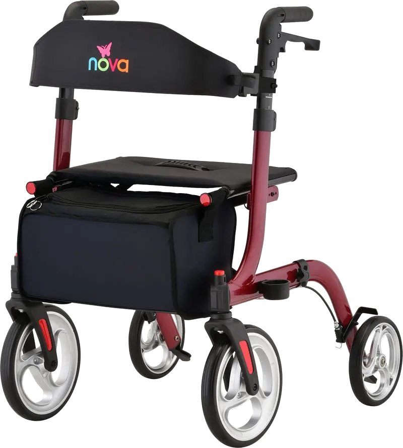 Angled view of four wheeled rollator