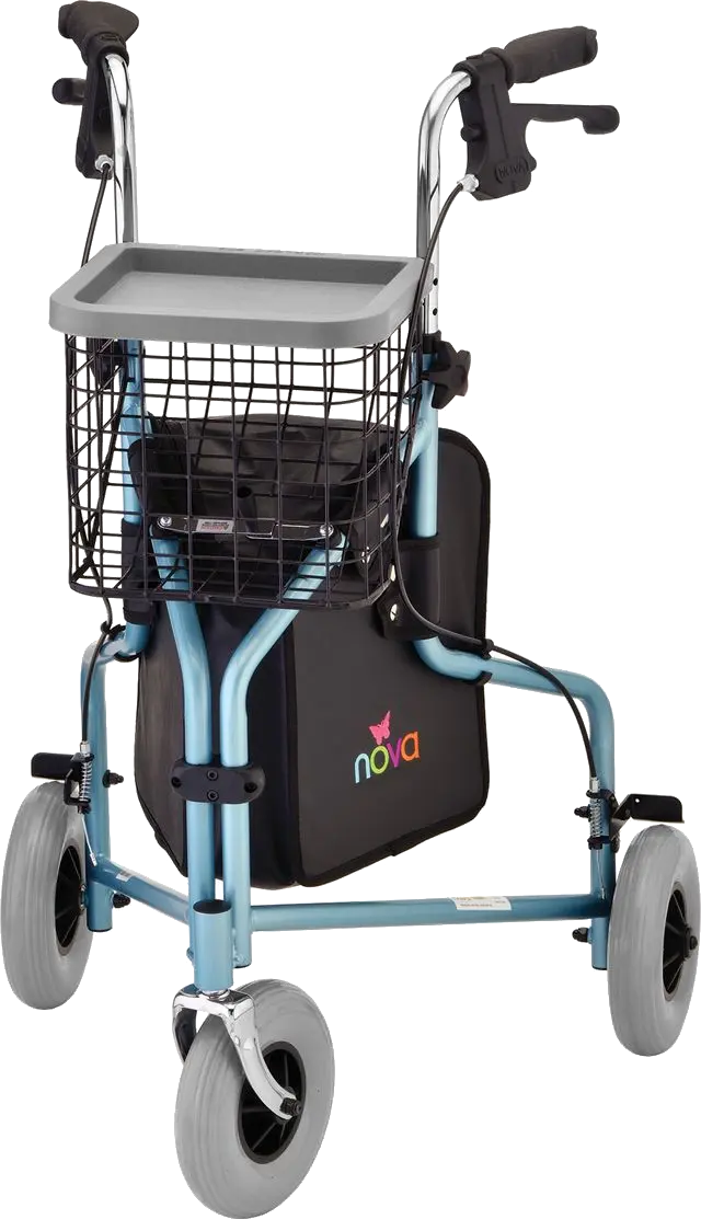 Front view of three wheeled rollator with basket and tray