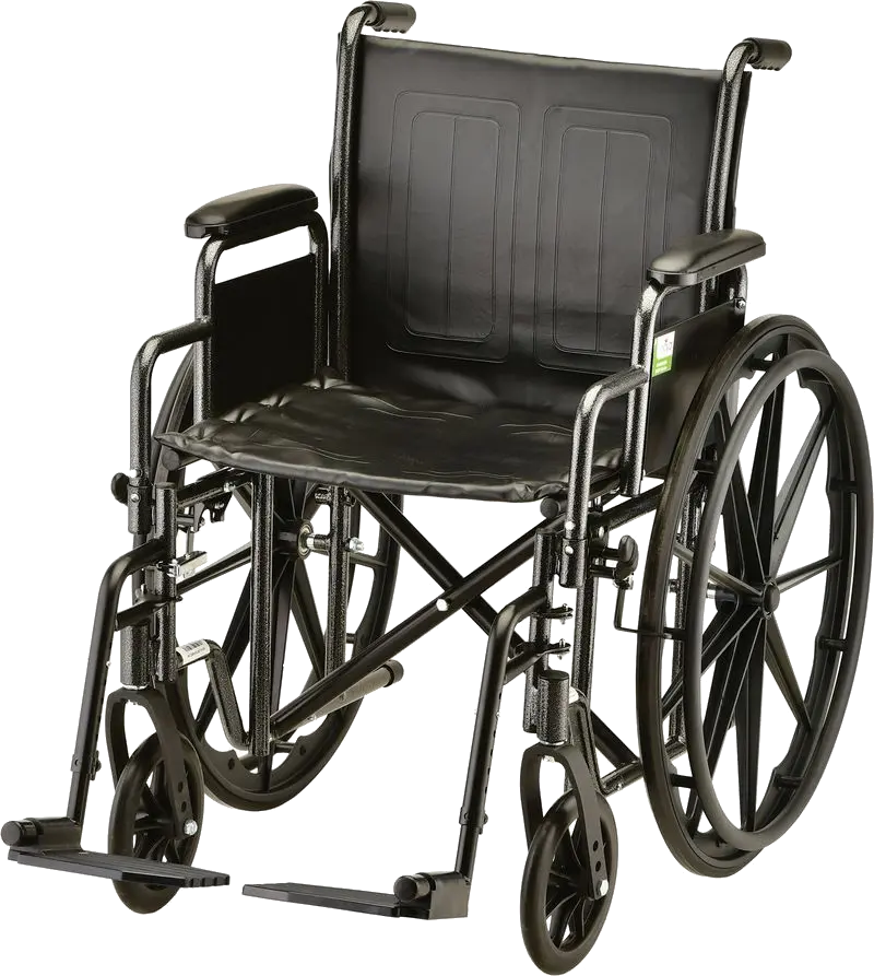 Chair with large rear wheels and footrests