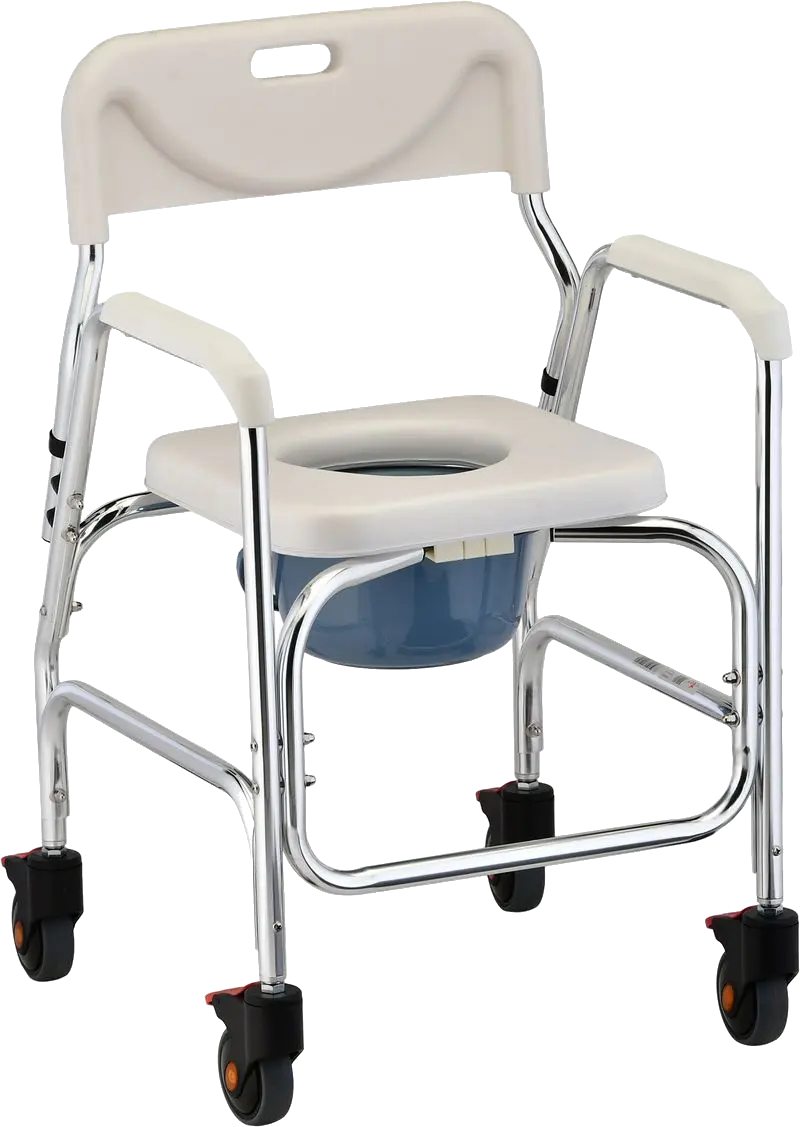 Front view of commode on wheels with padded seat
