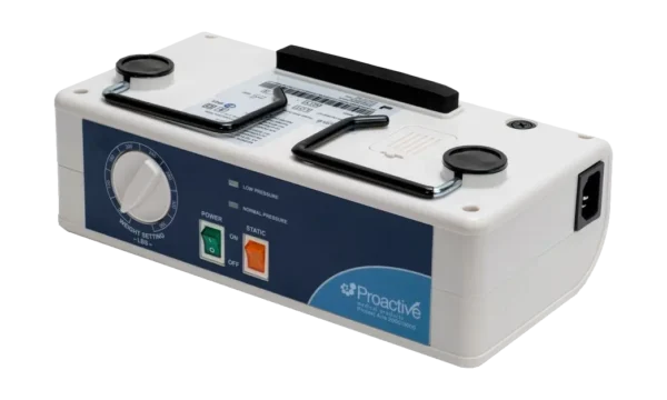 Close up showing power buttons and pressure dial on pump unit