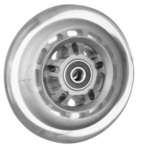 Rollerblade wheel with transparent tire on silver composite hub