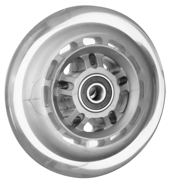 Rollerblade wheel with transparent tire on silver composite hub