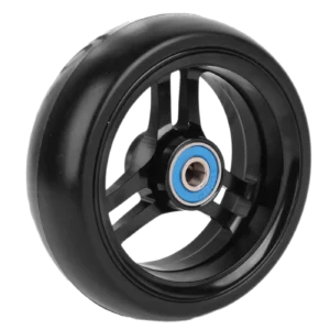 Softroll tire on black aluminum hub with blue tinted stainless steel bearings