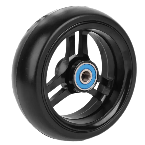 Softroll tire on black aluminum hub with blue tinted stainless steel bearings