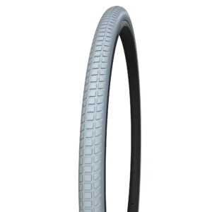 Gray solid tire with wave tread pattern.