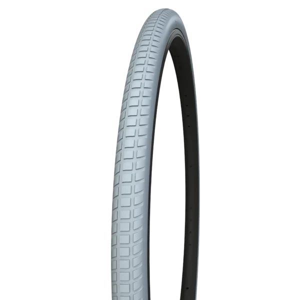 Gray solid tire with wave tread pattern.