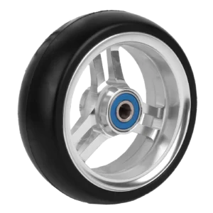 Softroll tire on silver aluminum hub with blue tinted stainless steel bearings