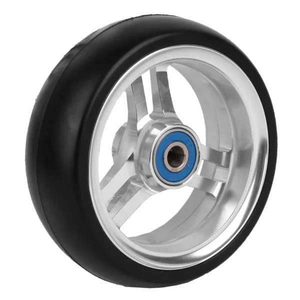 Softroll tire on silver aluminum hub with blue tinted stainless steel bearings