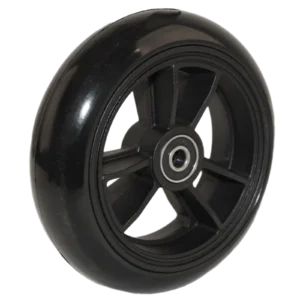 Caster with black softroll tire on black composite three spoke hub.