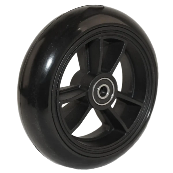 Caster with black softroll tire on black composite three spoke hub.