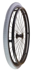 Gray tire on black perigon wheel with black aluminum handrim