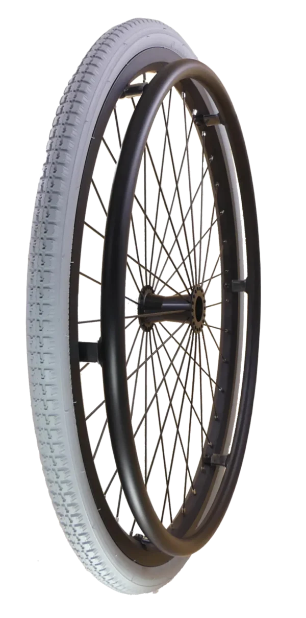 Gray tire on black perigon wheel with black aluminum handrim