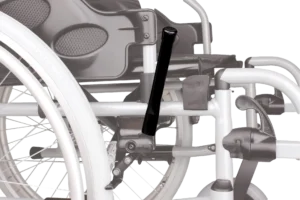 Extension lever installed on a wheel lock on a wheelchair showing extra long lever length