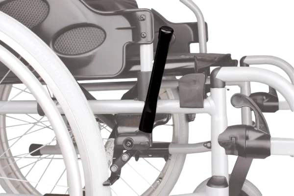 Extension lever installed on a wheel lock on a wheelchair showing extra long lever length
